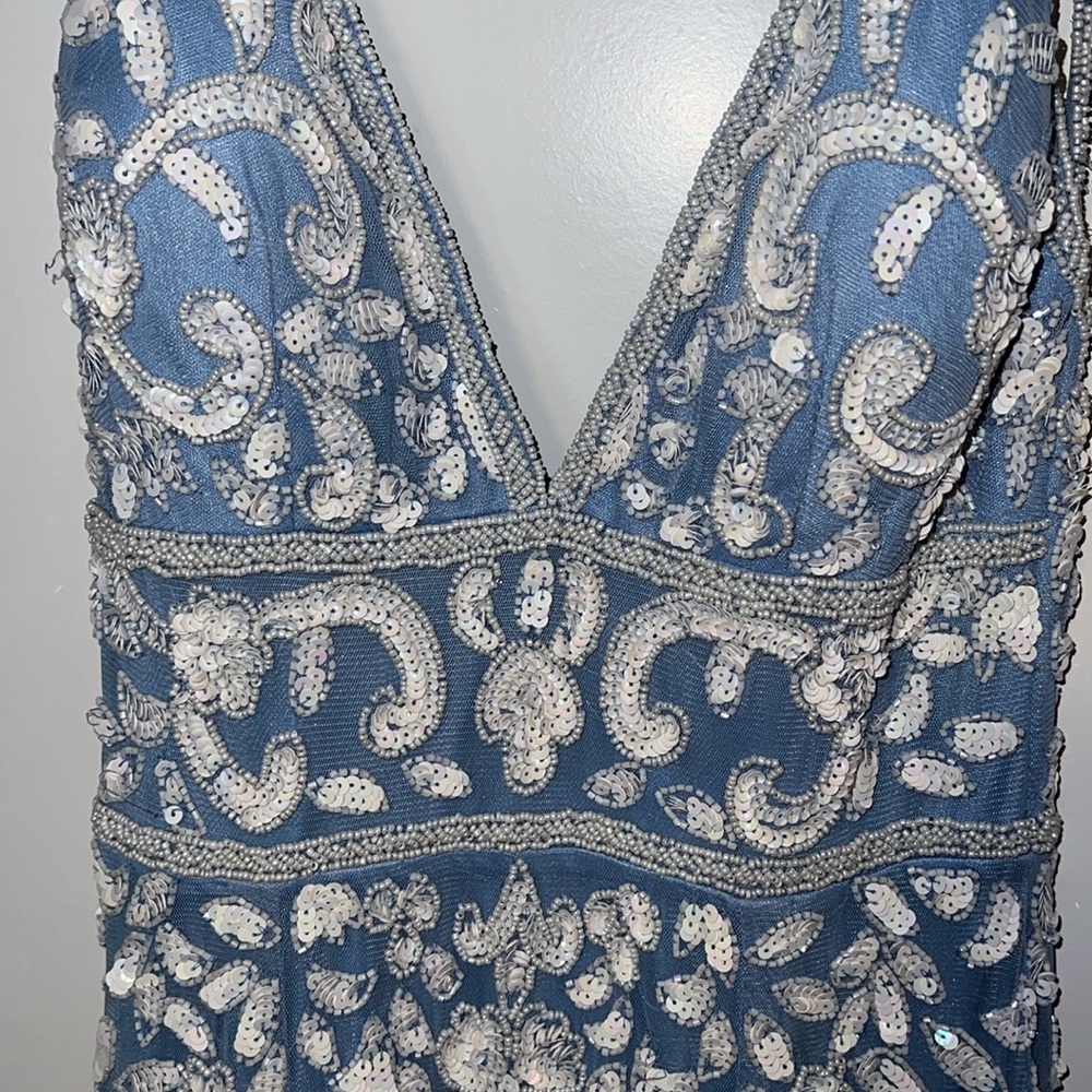 PROM- Elegant light Blue and White Beaded Patterned Gown